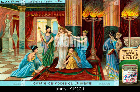 Saffò: opera by Giovanni Pacini.  Climene preparing for her wedding to Faone. Opera premiered at  Teatro San Carlo in Naples, on 29 November 1840. Libretto by Salvadore Cammarano, based on a play by Franz Grillparzer, after the legend of the ancient Greek poetess Sappho. Illustration on Liebig collectible card. 1921. GP: Italian composer,  17 February 1796 – 6 December 1867. Stock Photo