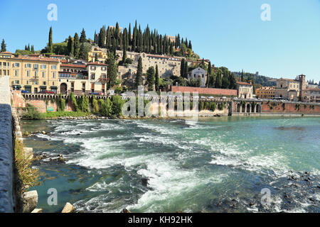 River Adige, Castel San Pietro, Verona. Saint Peter’s Hill - Colle San Pietro Stock Photo