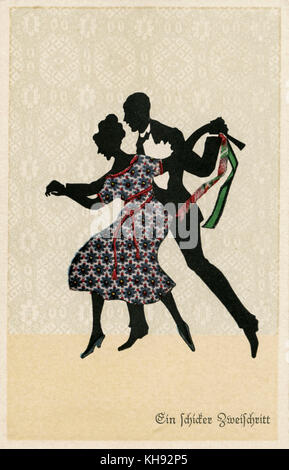 Couple dancing a two-step - illustration. Silhouette on German postcard. Title: 'Ein schicker Zweischritt' ['An elegant two-step'. Early 20th century