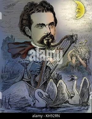 Ludwig II of Bavaria: 'Lohengrin King' - caricature published in 'Der Floh', 30 August 1885.  Known as the Swan King. 25 August 1845  – 13 June 1886. Wagner connection.