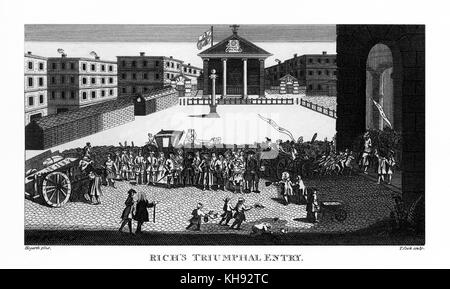 'Rich's Glory' - drawing by William Hogarth. Engraved by T. Cook. John Rich's triumphal entry to London's Covent Garden opera site, 1729. Also known as 'Rich's Glory'.  First house opened 7th Dec 1732.  Royal patent given to John Rich by his father Christopher. (Covent Garden opera house known as Theatre Royal because of this).  Huge Success of Gay's Beggars Opera  at Lincoln Inn Fields gave enough money to build first Covent Garden theatre.