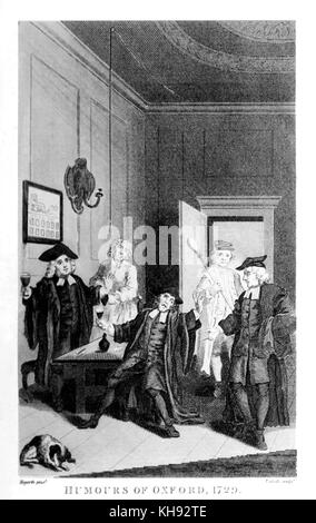 Humours of Oxford - frontispiece by William Hogarth, 1729. Comedy play by James Miller. Peformed at Drury Lane, London. Showing the Vice Chancellor with his beadle surprising two Fellows of a College, one of whom is drunk, at a tavern. Engraved by T. Cook.