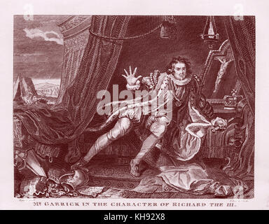 David Garrick as Richard III (play by William Shakespeare).  Illustration after Hogarth. English actor, playwright, theatre manager and producer, 19 February 1717 – 20 January 1779. Stock Photo