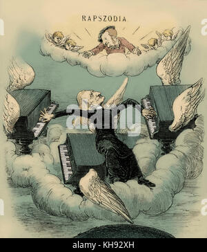 'Rhapsody' - Franz Liszt caricature.  Showing Liszt at piano, with Wagner above encouraging Saint Peter to let him into heaven.'Saint Pierre, ouvrez vite la porte du paradis!'  Published in Borsszem Janko, 8 August 1886.    FL:  Hungarian pianist and composer,  22 October 1811 - 31 July 1886. RW: German composer & author, 22 May 1813 - 13 February 1883.