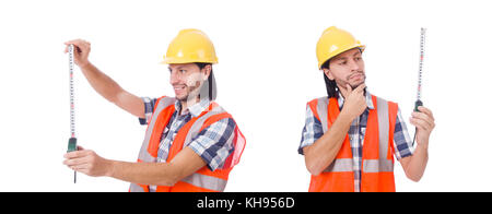 Construction worker with tape-line isolated on white Stock Photo