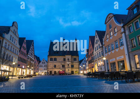 Street scene looking toward the Rathaus, municipal town hall building  in the old medieval city of Weissenburg Stock Photo