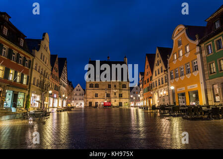 Street scene looking toward the Rathaus, municipal town hall building  in the old medieval city of Weissenburg Stock Photo