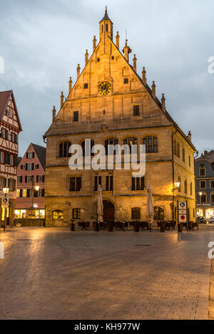 Street scene at the Rathaus, the provincial town hall in the old medieval city of Weissenburg Stock Photo