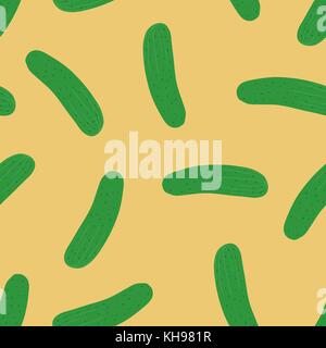 Hand drawn cucumber seamless pattern. Clipping mask used. Isolated on yellow background. Stock Vector