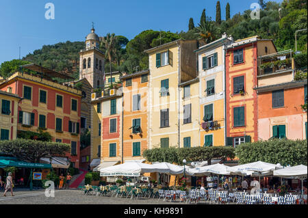 Italy. Liguria. Gulf of Tigullio, Italian Riviera. Portofino. Colorful facades of the village square Stock Photo
