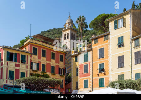 Italy. Liguria. Gulf of Tigullio, Italian Riviera. Portofino. Colorful facades of the village square Stock Photo