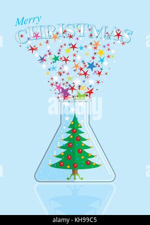 Christmas tree decorated with burning candles inside a flask ejecting colorful stars with Merry Christmas message on a cyan background. Vector image Stock Vector