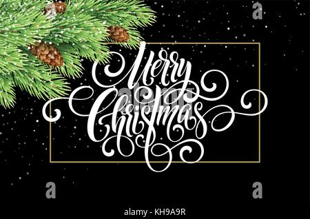 Greeting card with christmas tree and calligraphic sigh Merry Christmas. Vector holiday illustration Stock Vector