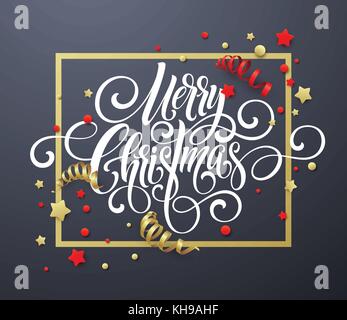 Merry Christmas handwriting script lettering. Christmas congratulatory background with streamers, confetti. Vector illustration Stock Vector