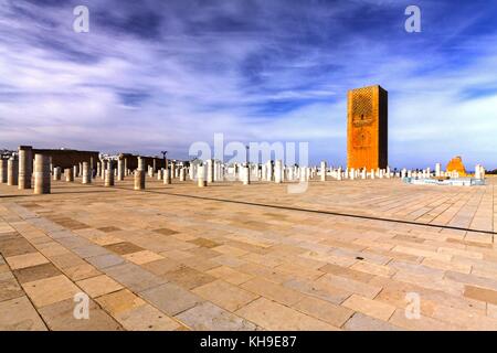 Hassan Tower in the Courtyard of incomplete Mosque in Rabat Morocco intended to be the largest minaret in the World Stock Photo