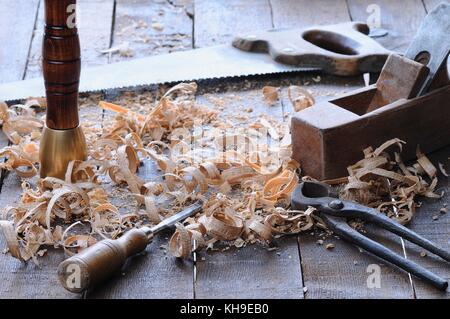 Carpenter tools on a work bench carpentry. Stock Photo