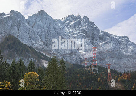 Autumn clouds opening above the Zugspitze seen from Eibsee station with the construction of the new cable car Stock Photo