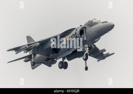 MOTRIL, GRANADA, SPAIN-JUN 09: Aircraft AV-8B Harrier Plus taking part in an exhibition on the 12th international airshow of Motril on Jun 09, 2017, i Stock Photo