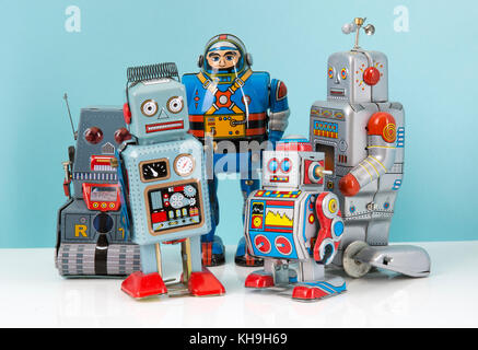 Group of Retro Tin Clockwork Robots Stock Photo