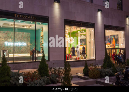 The newly opened Kate Spade store, right, next to the newly opened Tiffany & Co. store, left, in Rockefeller Center in New York on Tuesday, November 14, 2017. Kate Spade is owned by Tapestry which also controls the Coach and Stuart Weitzman brands. (© Richard B. Levine) Stock Photo