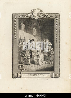 Lady Elizabeth Grey with her two young sons Thomas and Richard petitioning King Edward IV to restore her lands. Copperplate engraving by C. Grignion after an illustration by Edwards from The Copper Plate Magazine or Monthly Treasure, G. Kearsley, London, 1778. Stock Photo