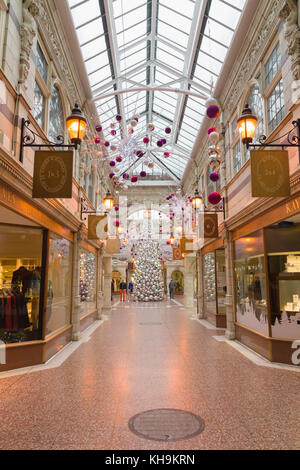 Christmas tree and decorations in the historic Saint Michaels Row on Bridge Street in the city of Chester UK Stock Photo