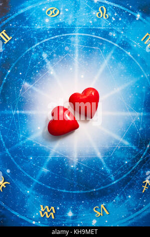 astrology chart with all zodiac signs and hearts, love for astrology concept Stock Photo