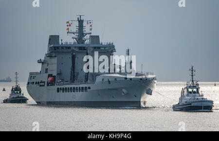 RFA Tidespring, a new naval auxiliary replenishment ship arriving at Portsmouth, UK on the 16th November 2017 for it's formal Service of Dedication. Stock Photo