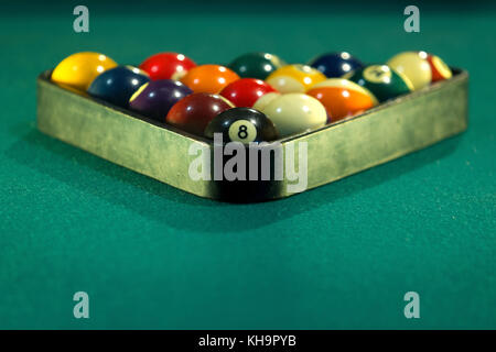 Horizontal photo of a billiard table with the billiard balls arranged in a triangle Stock Photo