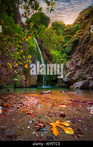 Waterfall in the gorge of Richtis at autumn, Crete, Greece. Stock Photo