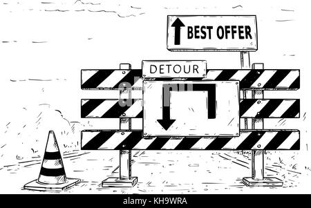Vector cartoon drawing of road traffic block stop detour with best offer sign boards. Stock Vector