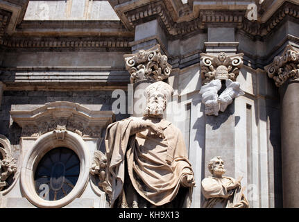 View of statues at at Cathedral of Sant Agata in Catania / Italy. It is prominent baroque cathedral known for its columned facade, domed roof, frescoe Stock Photo