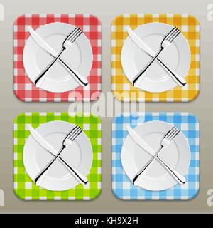 Dinner place setting icon set. Realistic white plate with silver fork and spoon on a checkered tablecloth background - red, yellow, green, blue. Design template in EPS10. Stock Vector