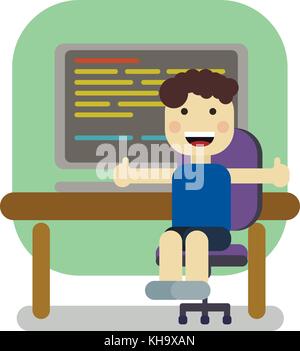 cute student boy working with computer Stock Vector