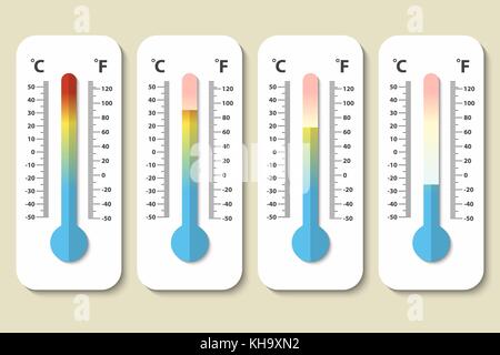 Vector icons of Celsius and Fahrenheit meteorology thermometers measuring heat, normal and cold in flat style. Design template in EPS10. Stock Vector