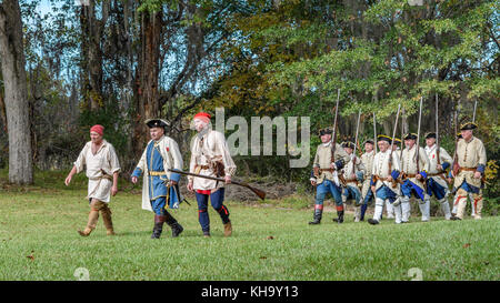 Reenactment of 1700's French soldiers arriving to establish Fort Toulouse, Alabama USA. Stock Photo