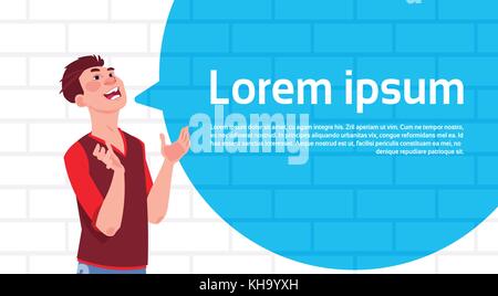 Man Laughing Over Big Chat Bubble With Copy Space White Brick Wall Background Stock Vector