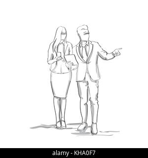 Silhouette Business Man and Woman Talking, Businessman Point Finger To Copy Space Sketch Businesspeople Couple Stock Vector