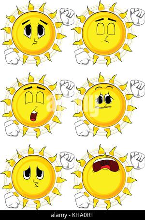 Cartoon sun making power to the people fist gesture. Collection with sad faces. Expressions vector set. Stock Vector