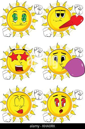 Cartoon sun making power to the people fist gesture. Collection with various facial expressions. Vector set. Stock Vector