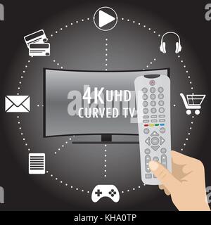 4K TV with icons of different applications and remote control in hand , flat stock vector illustration Stock Vector