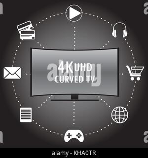 4K TV with icons of different applications, flat stock vector illustration Stock Vector
