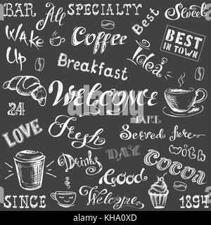 Collection - Coffee lettering and elements,hand drawn white on blackboard, stock vector illustration Stock Vector