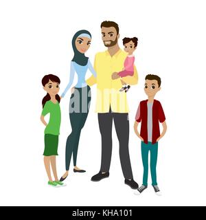 Happy muslim family- parents,their son and daughters. Cartoon Vector illustration isolated on white background Stock Vector