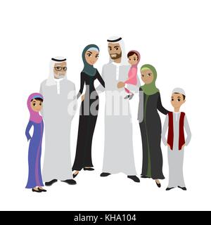 Happy muslim arabic family isolated on white background in flat style. Arab people father, mother, son, daughter, grandmother and grandfather,cartoon  Stock Vector