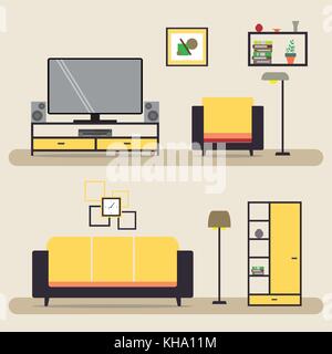 Living room with furniture.Interior with sofa,lamp and tv. Flat stock vector illustration. Stock Vector