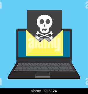 Laptop and envelope with black document and skull icon. Virus, malware, email fraud, e-mail spam, phishing scam or hacker attack concept.Cartoon vecto Stock Vector
