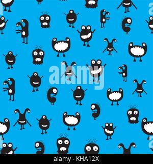 Funny and crazy monsters seamless pattern on blue background,stock vector illustration Stock Vector