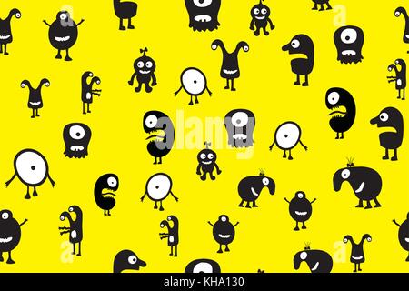 Seamless pattern black monsters with emotions on yellow background, cartoon vector illustration Stock Vector