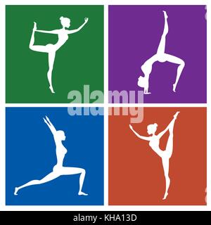 Fitness or yoga pose silhouette set  on different color backgrounds, stock vector illustration Stock Vector